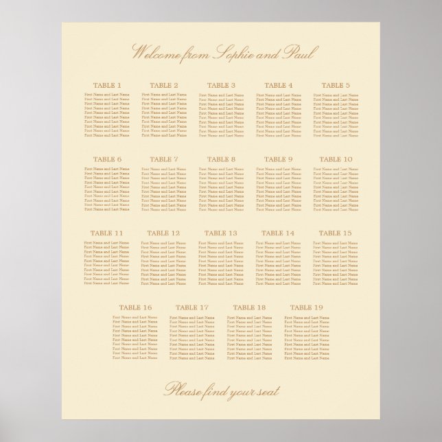 Beige Crème 19 Bordplacering Bröllop Stolpskylt Poster (Framsidan)