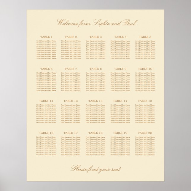 Beige Crème 20 Bord Plats Placeringsplan Affisch (Framsidan)