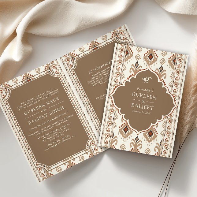 Beige Crème Ikat All in One Sikh Bröllop Inbjudan (Skapare uppladdad)