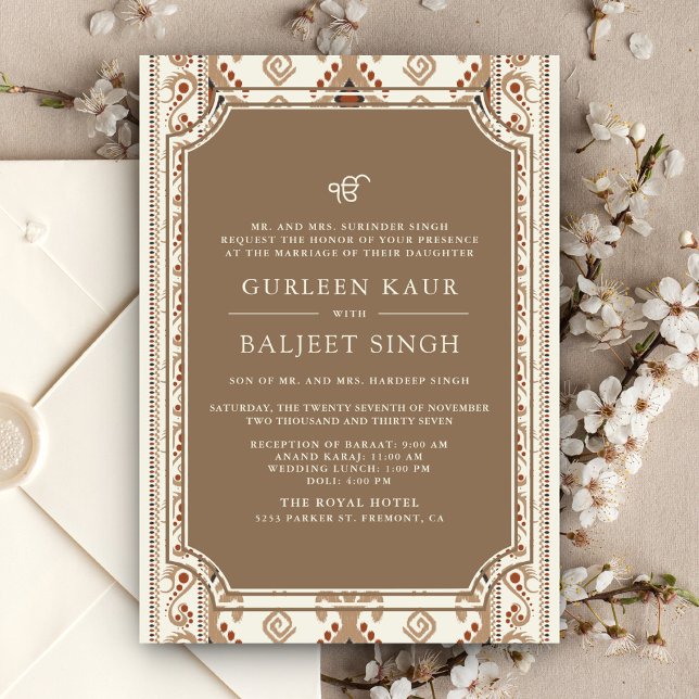 Beige Crème Ikat Anand Karaj Sikh Bröllop Inbjudningar (Skapare uppladdad)