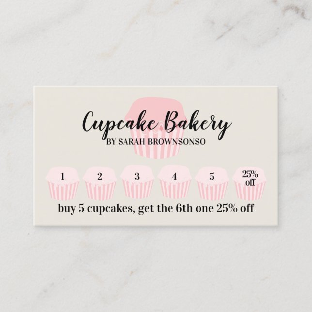Beige Cupcake Bakery Café Lojalitetsstämpel Rabatt Visitkort (Framsida)
