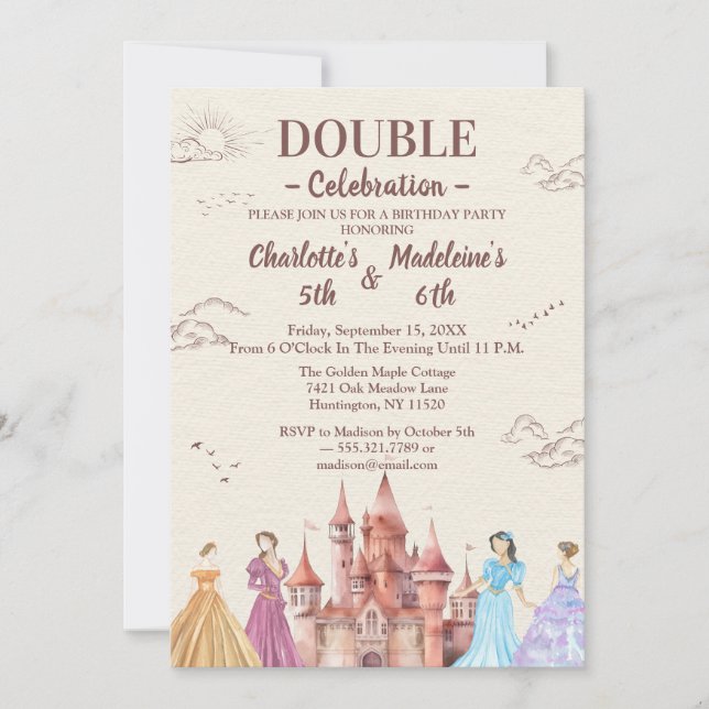Beige  Cute Illustrative Girls’ Joint Birthday Inbjudningar (Framsida)