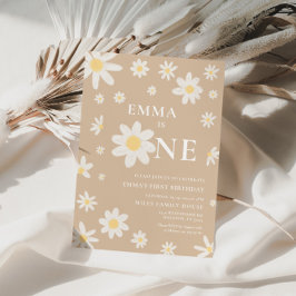 Beige Daisy 1:a födelsedag 1:a inbjudan