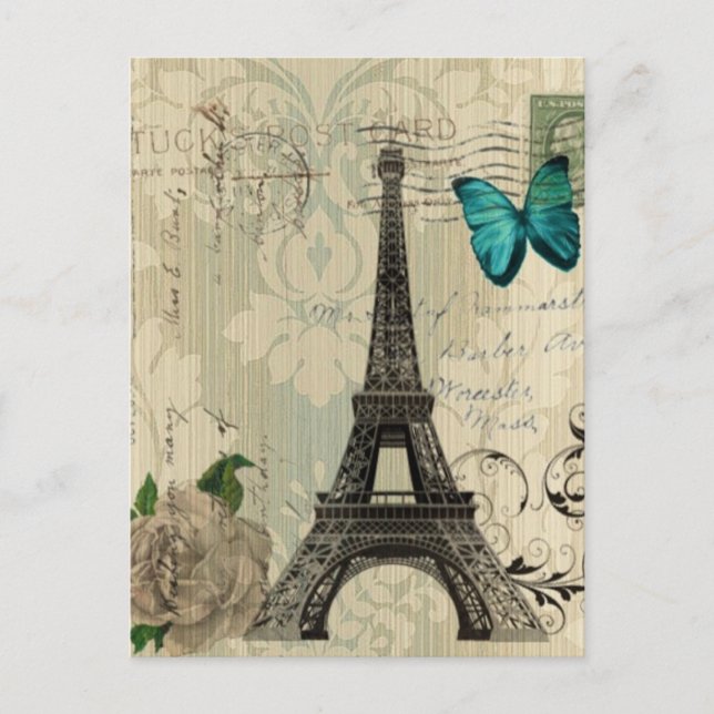 beige Damask butterfly ro Paris Eiffel Torn Vykort (Framsida)
