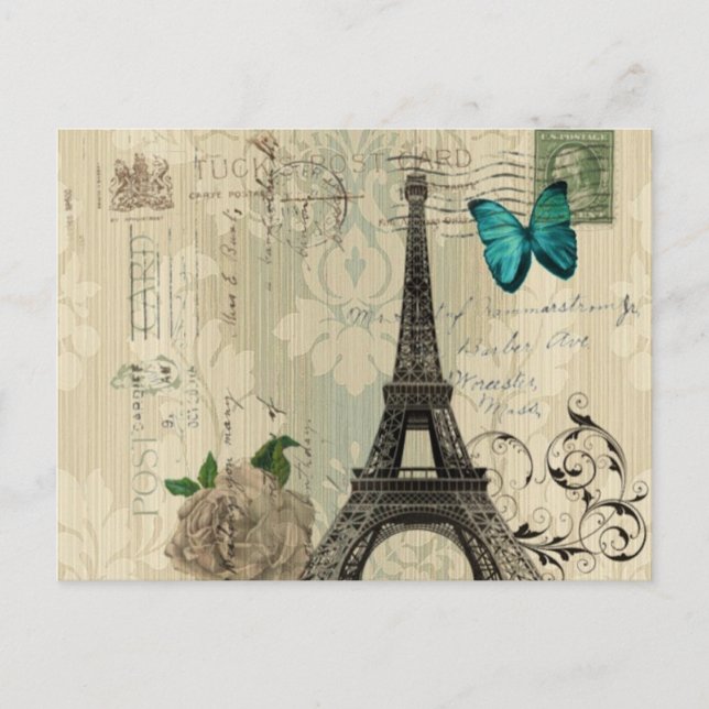 beige Damask butterfly ro Paris Eiffel Torn Vykort (Framsida)
