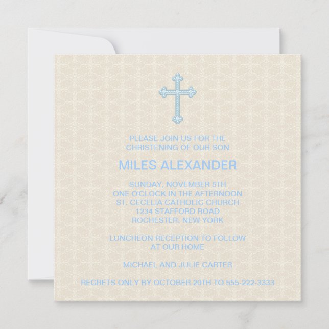 Beige Damask Kor Blue Boy Christening Inbjudningar (Framsida)