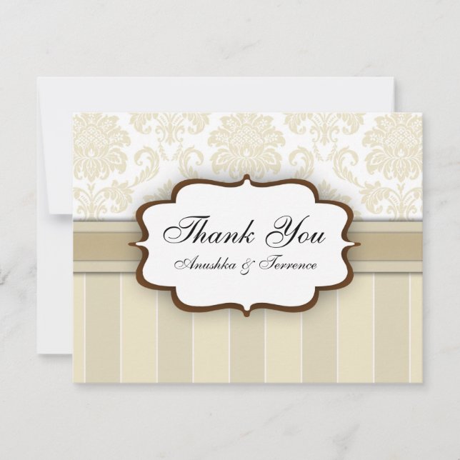 Beige Damask Rand Bröllop Tack Kort (Framsida)