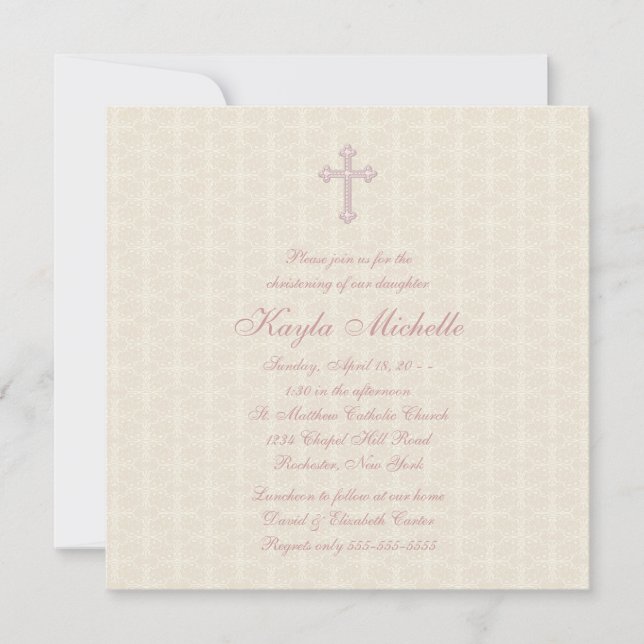 Beige Damask Rosa Babyflicka Dop Inbjudningar (Framsida)