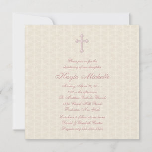 Beige Damask Rosa Babyflicka Dop Inbjudningar