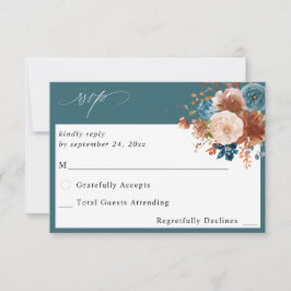 Beige & Damblå Blommig ingen måltid RSVP 2 - Teal OSA Kort