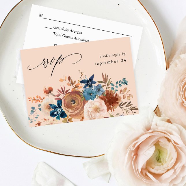 Beige & Damblå Blommig med måltids RSVP - Beige OSA Kort (Skapare uppladdad)