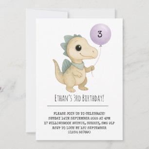 Beige Dino med blåa piggar och ballongfödelsedag Inbjudningar