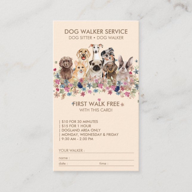 Beige Dog Walker Service-gratis gåva namn Visitkort (Framsida)