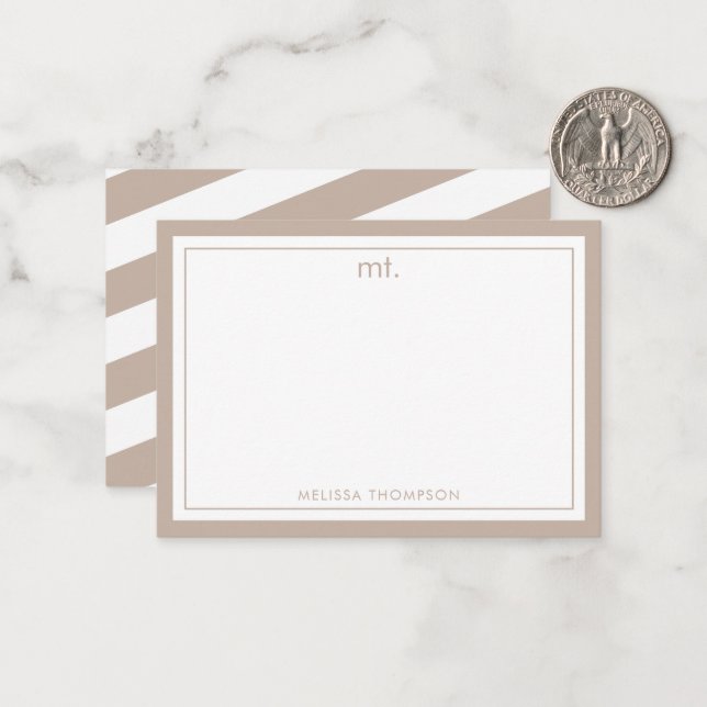 Beige Dubbla Gräns Modern Monogram stripe Anteckningskort (Fram/Back In Situ)