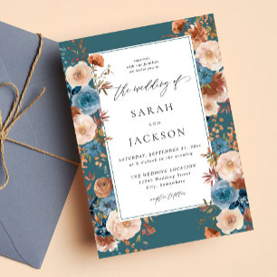 Beige & Dusty Blue Blommigt Bröllop S2 - Teal Inbjudningar