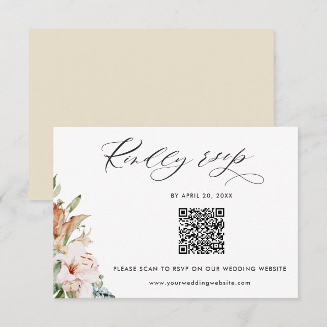 Beige Earthy Blooms QR Code Osa Online Bröllop Tilläggskort (Fram/baksida)