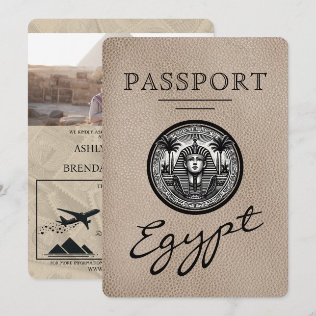 Beige Egypt Passport Wedding Invitation Inbjudningar (Fram/baksida)