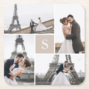 Beige Elegant 4 Fotogalleri och Monogram Underlägg Papper Kvadrat
