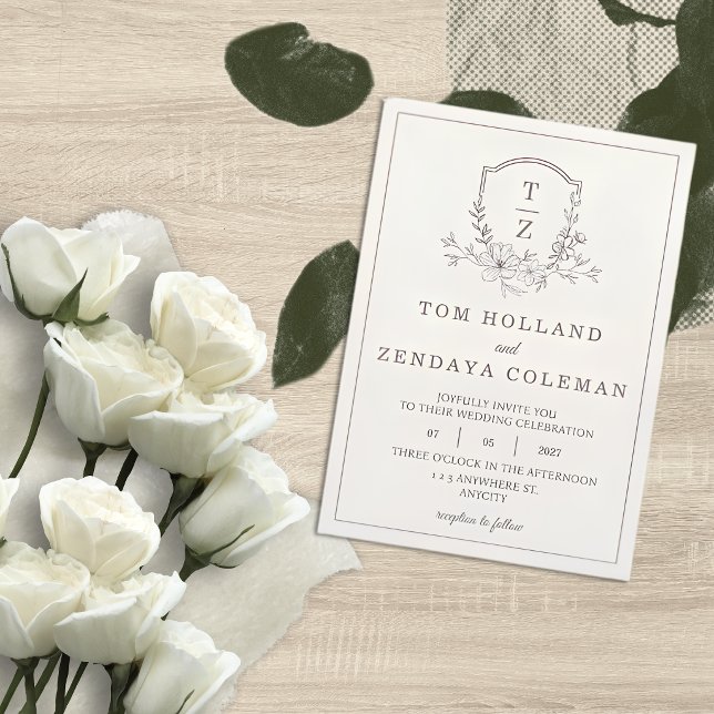 Beige elegant blomstermonogram bröllopsinbjudan inbjudningar (Skapare uppladdad)