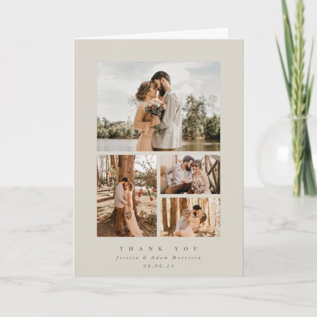 Beige Elegant Minimal 4 Photo Bröllop Tack Kort (Framsida)