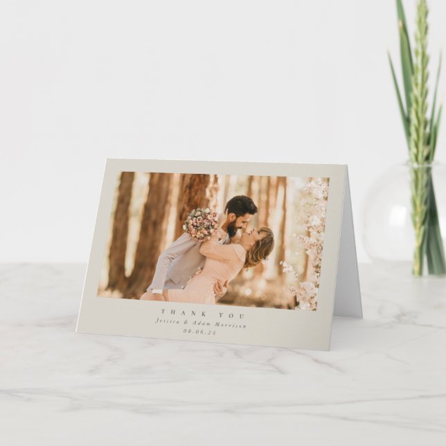 Beige Elegant - minimalt enkelfoto Bröllop Tack Kort (Framsida)
