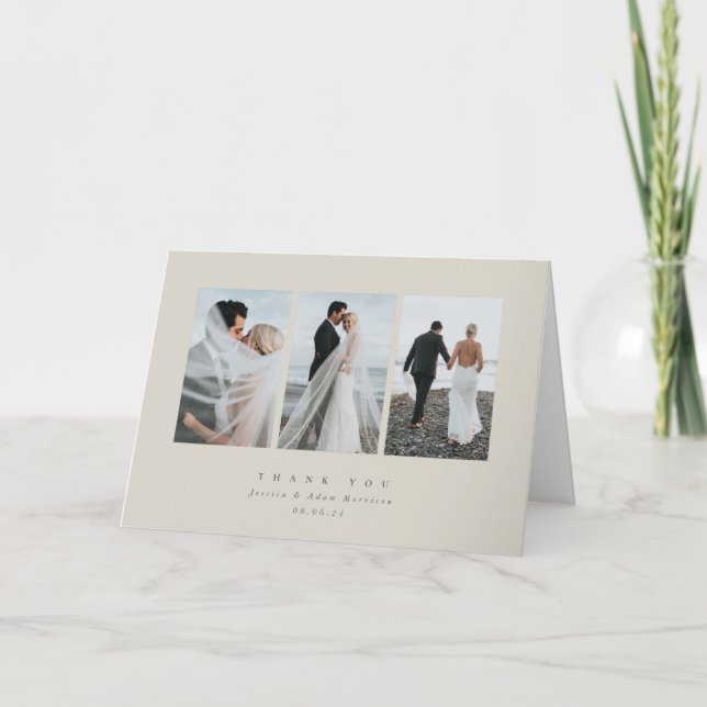Beige Elegant - minimalt trippelfoto Bröllop Tack Kort (Framsida)