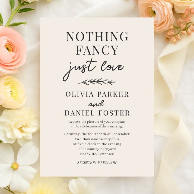 Beige Elfenben Inget Tjafs Bara Kärlek Bröllop Inbjudningar (Skapare uppladdad)