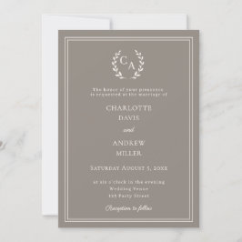 Beige elfenbenskrans monogram enkel bröllops- inbjudningar