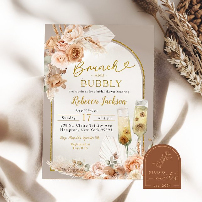 Beige Elfenbensvit Boho Brunch och Bubbly Bröllops Inbjudningar (Skapare uppladdad)