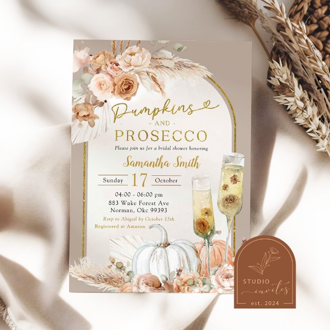 Beige Elfenbensvit Boho Pumpkin & Prosecco Bröllop Inbjudningar (Skapare uppladdad)
