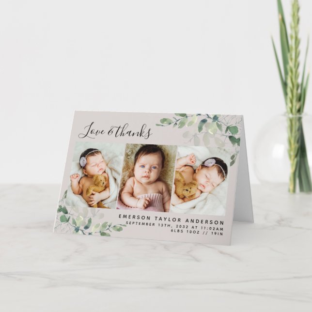 Beige Eucalyptus Photo Baby Birth Stats Foltyd Tack Kort (Framsida)