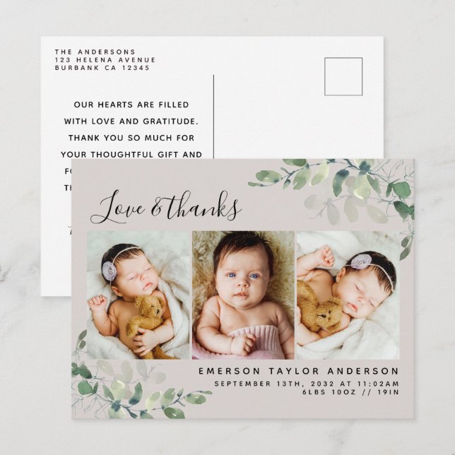 Beige Eucalyptus Photo Baby Tack Meddelande om att Vykort (Fram/baksida)