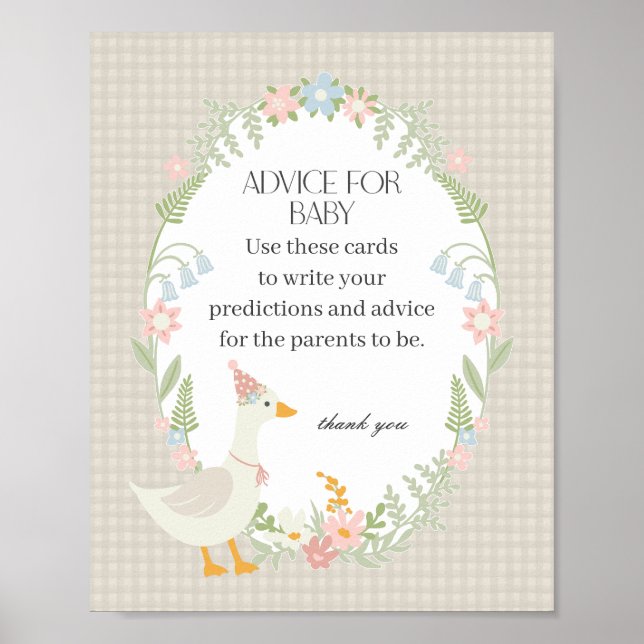 Beige Fånig Goose Blommigt Gingham Advice for Baby Poster (Framsidan)