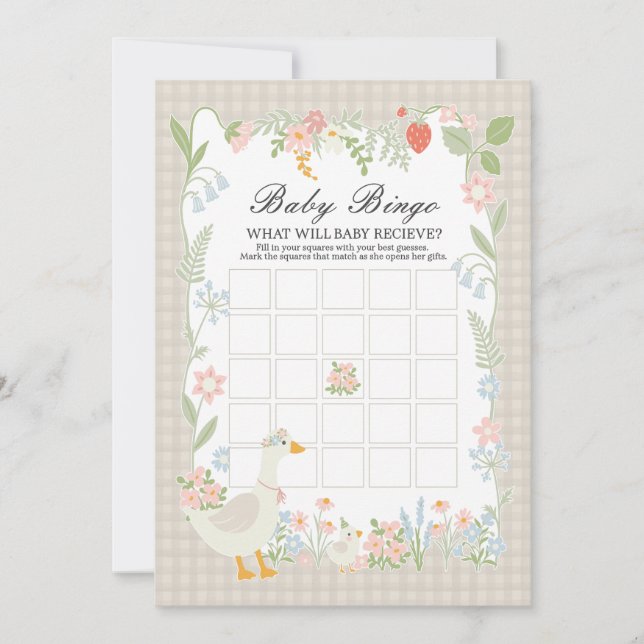 Beige Fånig Goose Blommigt Gingham Baby Bingo Game Inbjudningar (Framsida)