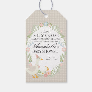 Beige Fånig Goose Blommigt Gingham Baby Shower Fav Presentetikett