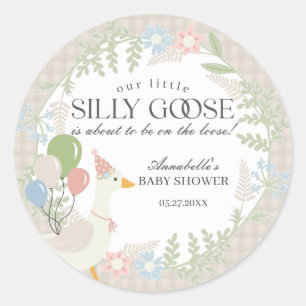 Beige Fånig Goose Blommigt Gingham Baby Shower Fav Runt Klistermärke