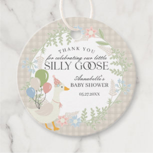 Beige Fånig Goose Blommigt Gingham Baby Shower Gåvor Etiketter