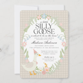 Beige Fånig Goose Blommigt Gingham Baby Shower Inbjudningar