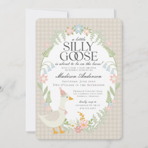 Beige Fånig Goose Blommigt Gingham Baby Shower Inbjudningar