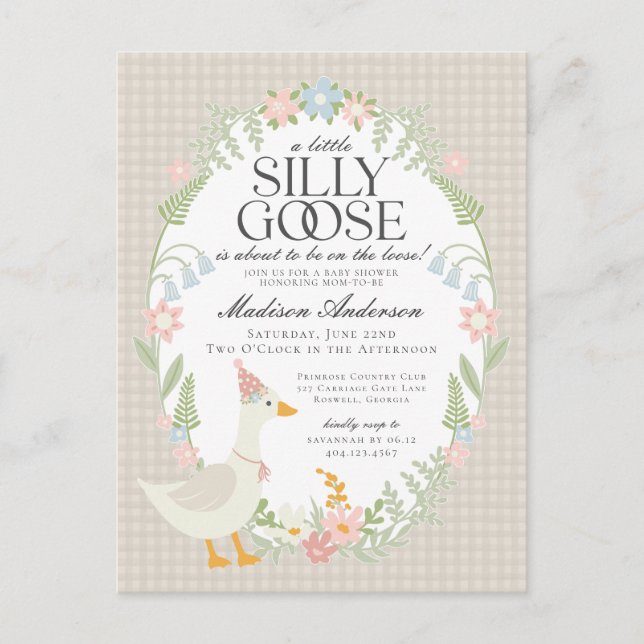 Beige Fånig Goose Blommigt Gingham Baby Shower Vykort (Framsida)