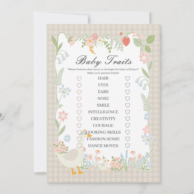 Beige Fånig Goose Blommigt Gingham Baby Traits Gam Inbjudningar (Framsida)