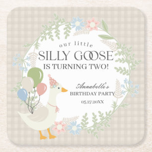 Beige Fånig Goose Blommigt Gingham Birthday Underlägg Papper Kvadrat