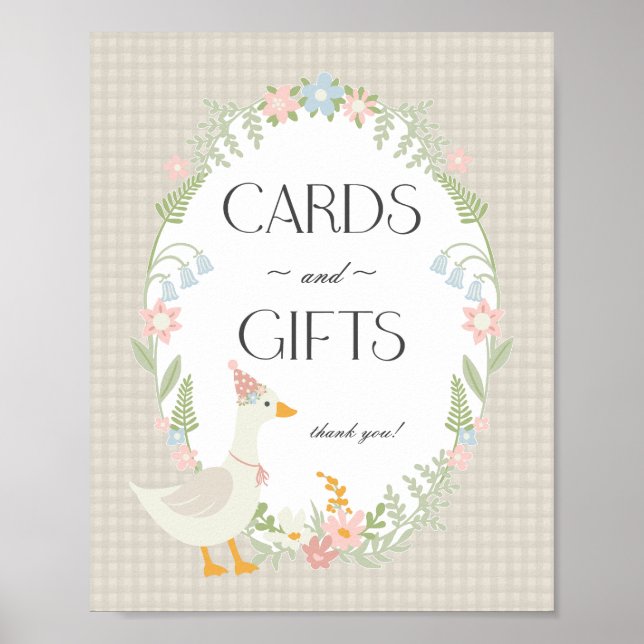 Beige Fånig Goose Blommigt Gingham Cards and Gifts Poster (Framsidan)