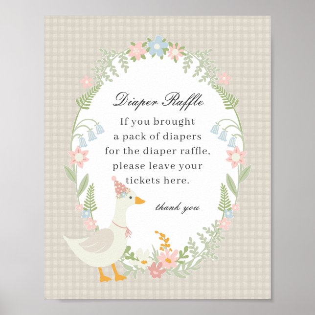 Beige Fånig Goose Blommigt Gingham Diaper Raffle S Poster (Framsidan)