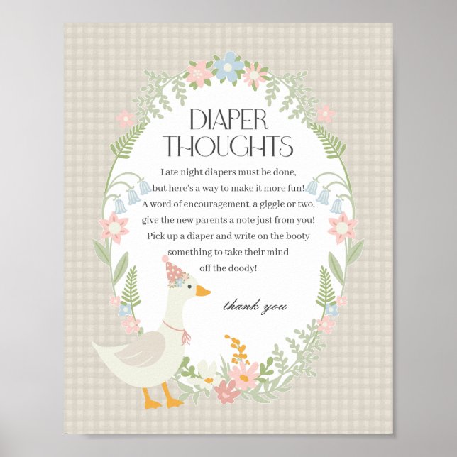 Beige Fånig Goose Blommigt Gingham Diaper Thoughts Poster (Framsidan)
