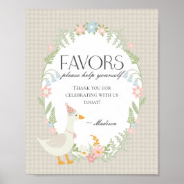 Beige Fånig Goose Blommigt Gingham Favors Sign Poster