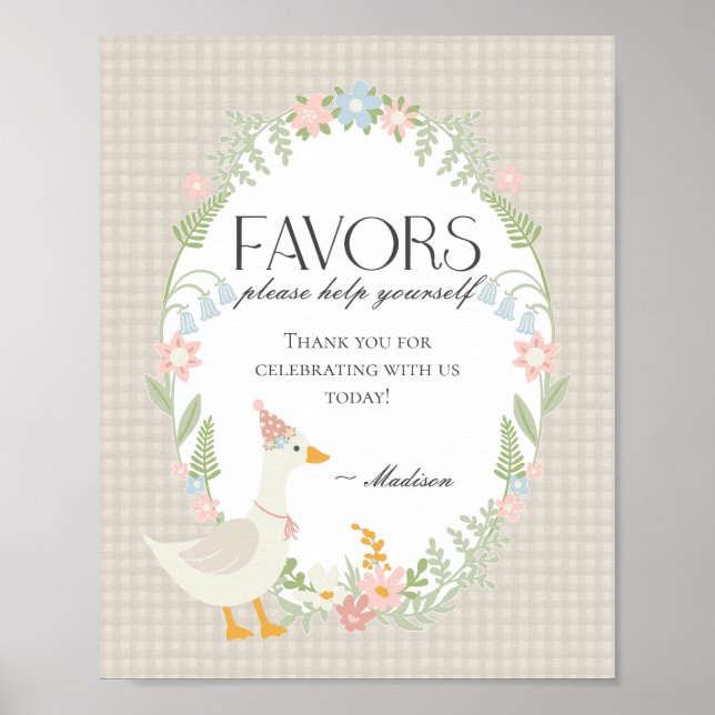 Beige Fånig Goose Blommigt Gingham Favors Sign Poster (Framsidan)