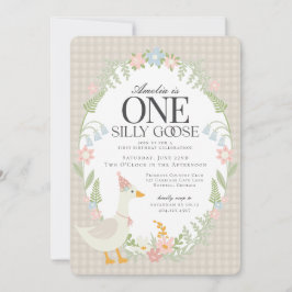 Beige Fånig Goose Blommigt Gingham First Birthday Inbjudningar