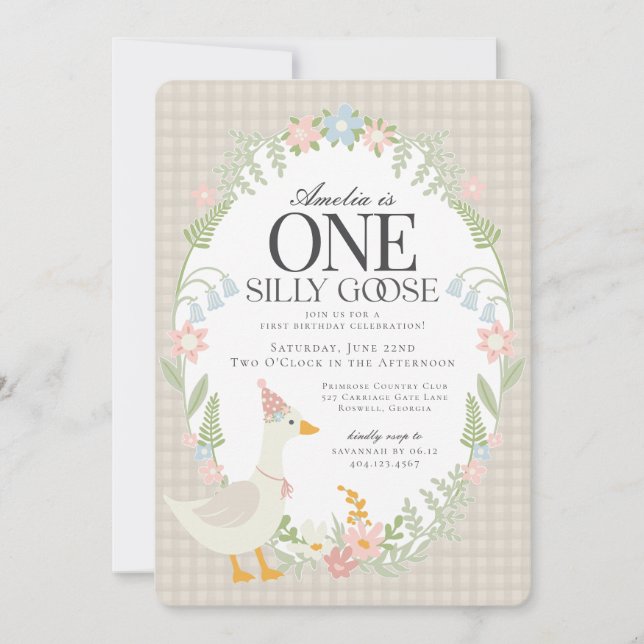 Beige Fånig Goose Blommigt Gingham First Birthday Inbjudningar (Framsida)