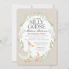 Beige Fånig Goose Blommigt Gingham Födelsedagsfest Inbjudningar